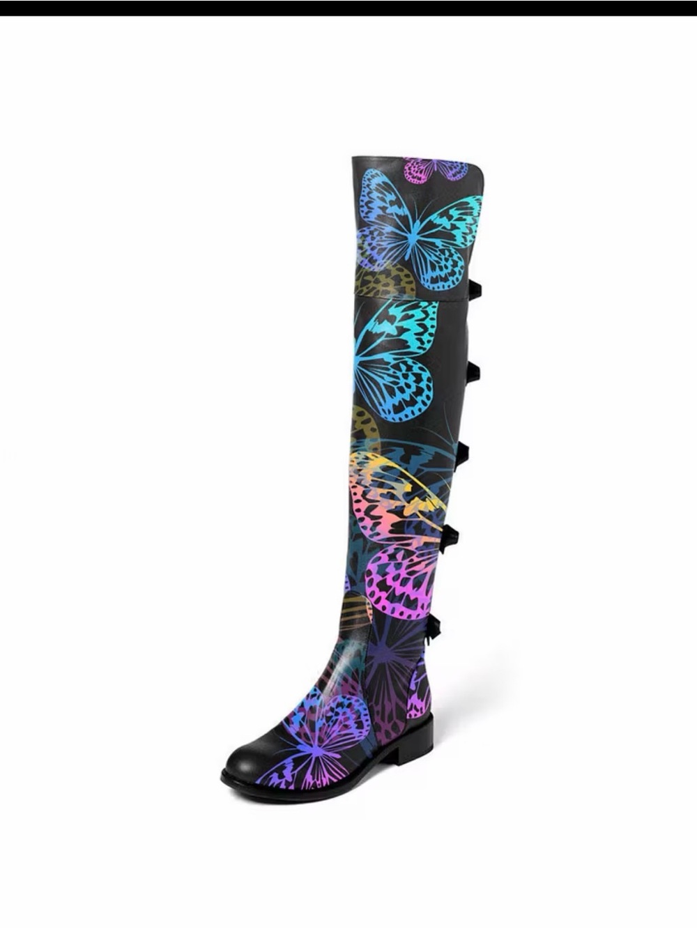 Women’s Black Knee-High Boots with Multicolor Butterfly Print